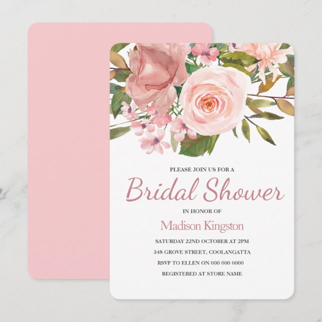 Invitación Bonito Rosa Flores Rosa Doradas Ducha Bridal (Anverso / Reverso)