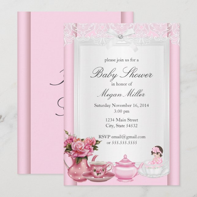 Invitación Bonito Rosa High Tea Chica Baby Shower (Anverso / Reverso)