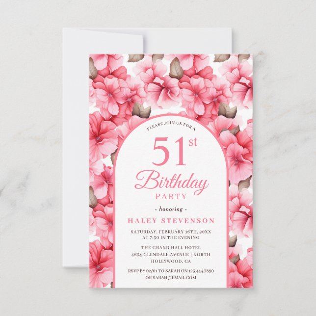 Invitación Bonito Rosa Jardín Arco Floral Moda 51 cumpleaños (Anverso)