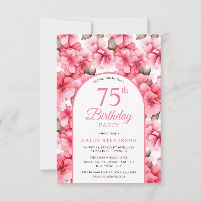Invitación Bonito Rosa Jardín Arco Floral Moda 75 cumpleaños (Anverso)