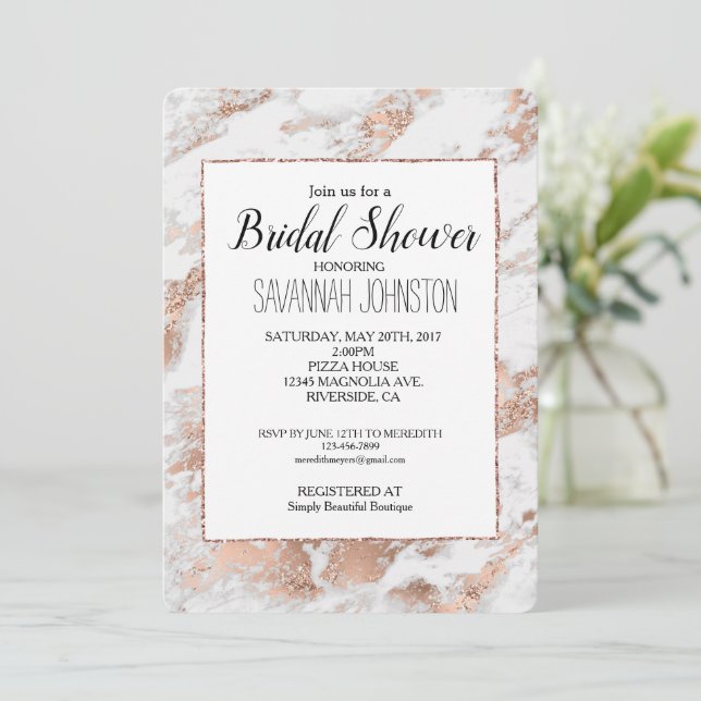 Invitación Bonito Rosa Oro Glitzy Marble Bridal Shower (Anverso de pie)