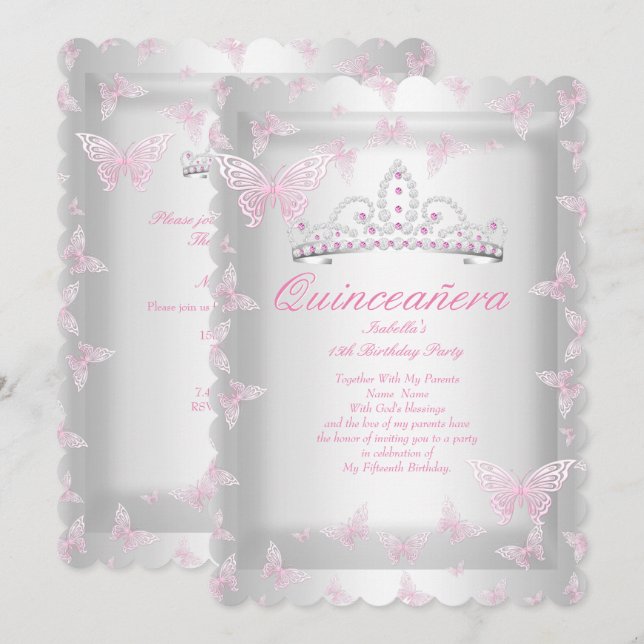 Invitación Bonito Rosa Quinceanera Fiesta Tiara Mariposa (Anverso / Reverso)