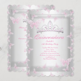 Invitación Bonito Rosa Quinceanera Fiesta Tiara Mariposa