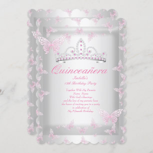 Invitación Bonito Rosa Quinceanera Fiesta Tiara Mariposa