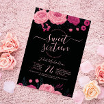 Invitación Bonito Rosa Rosa Floral Dulce negro 16<br><div class="desc">Esta elegante y jovial invitación para 16 cumpleaños es perfecta para cualquier temporada: primavera, verano, otoño e invierno. El diseño incluye rosas y hojas en la parte superior e inferior de la invitación con tipografía única y delicada. Los colores son rosa oscuro, rosa neón y negro. Es bonito, bonito, moderno...</div>