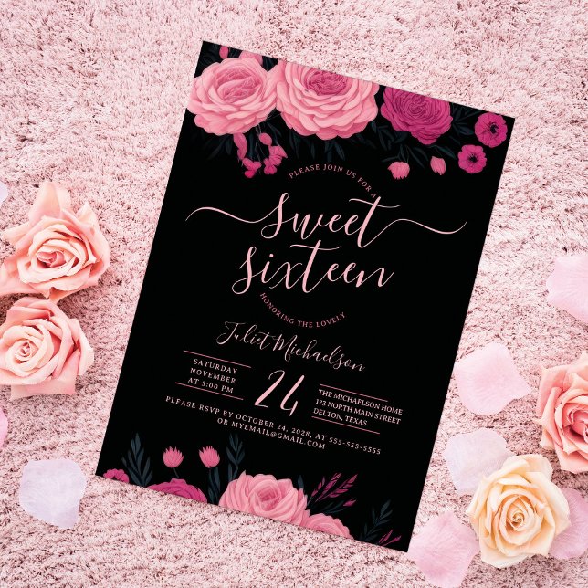 Invitación Bonito Rosa Rosa Floral Dulce negro 16 (Subido por el creador)