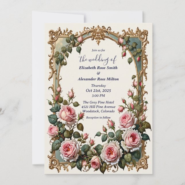 Invitación Bonito rosa rosa rosa elegante boda de marco de ar (Anverso)