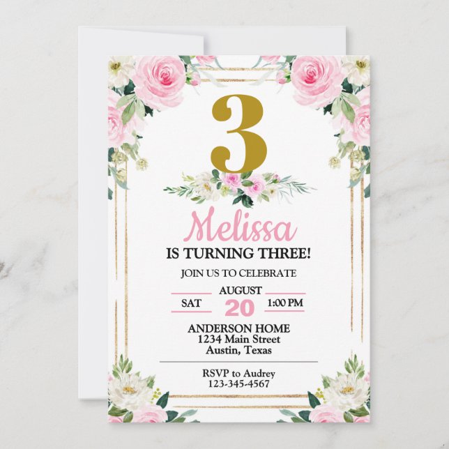 Invitación Bonito Rosa Roses Cualquier Fiesta de Cumpleaños d (Anverso)