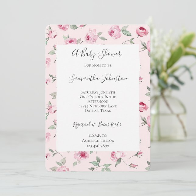 Invitación Bonito Rosa Roses Floral Baby Shower (Anverso de pie)