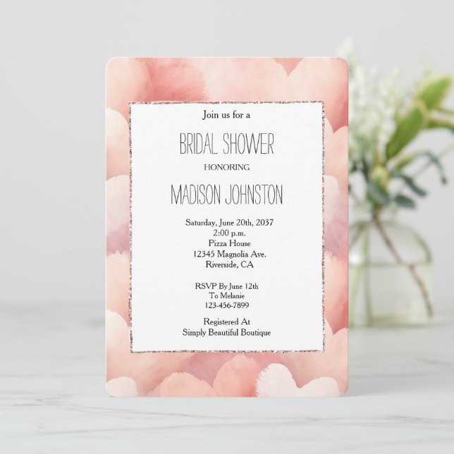 Invitación Bonito Rosa Rubor Hearts Bridal Shower (Anverso de pie)