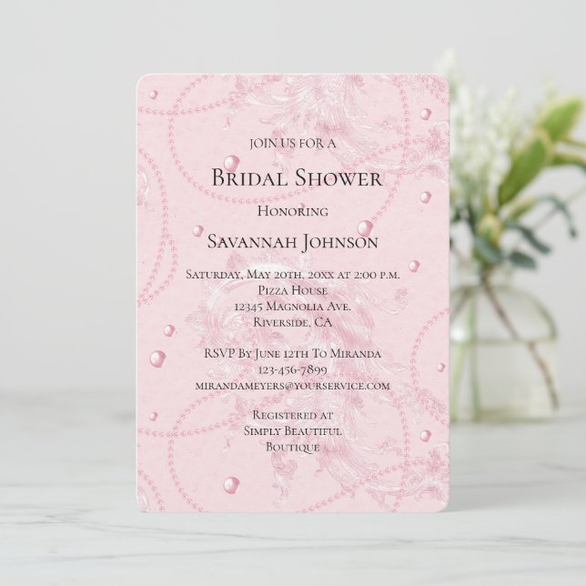 Invitación Bonito Rosa Rubor Pearls Elegant Bridal Shower (Anverso de pie)