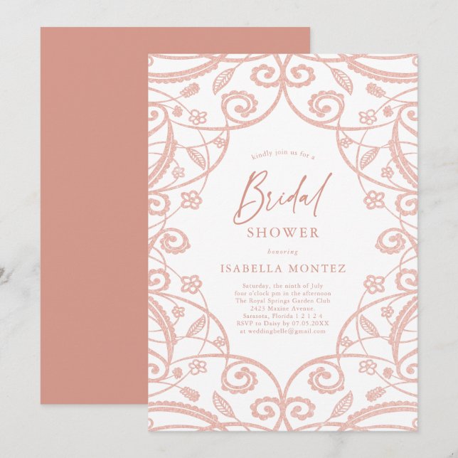 Invitación Bonito Rosa suave dorado floral Lace Bridal Shower (Anverso / Reverso)