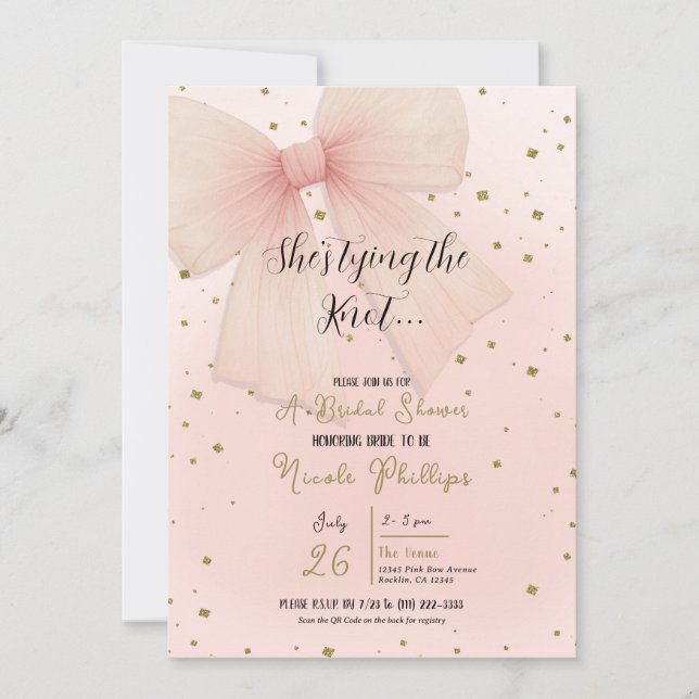 Invitación Bonito Rosa Tulle Bow Gold Confetti Brillante Duch (Anverso)