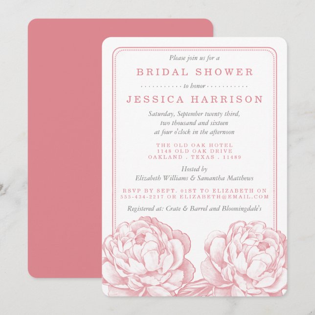 Invitación Bonito rosa y gris Peony Floral Brillante (Anverso / Reverso)