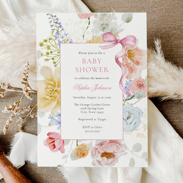Invitación Bonito Rosado Bow Wildflower Baby Shower (Subido por el creador)