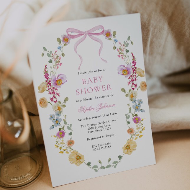 Invitación Bonito Rosado Bow Wildflower Baby Shower (Subido por el creador)