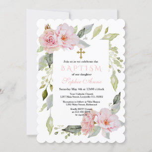 Invitación Bonito Rubor Bautismo Floral Rosa