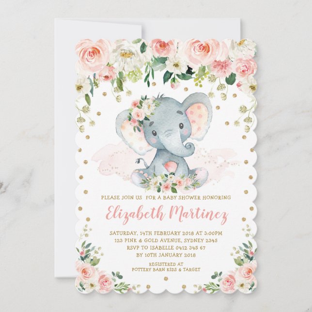 Invitación Bonito Rubor Chica elefante floral Baby Shower (Anverso)