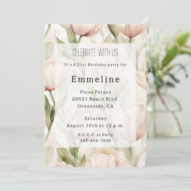 Invitación Bonito Rubor Crema Rosa Tulipanes Floral Cumpleaño (Anverso de pie)