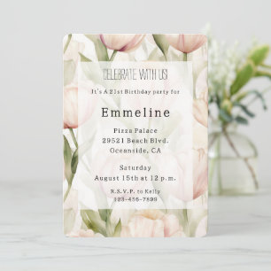 Invitación Bonito Rubor Crema Rosa Tulipanes Floral Cumpleaño
