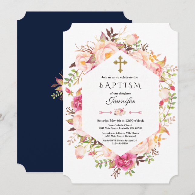 Invitación Bonito Rubor Floral Geometric Duste Baptismo Azul (Anverso / Reverso)