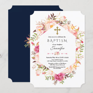 Invitación Bonito Rubor Floral Geometric Duste Baptismo Azul