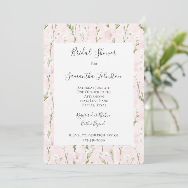 Invitación Bonito Rubor Floral Rosa Bridal Shower (Anverso de pie)