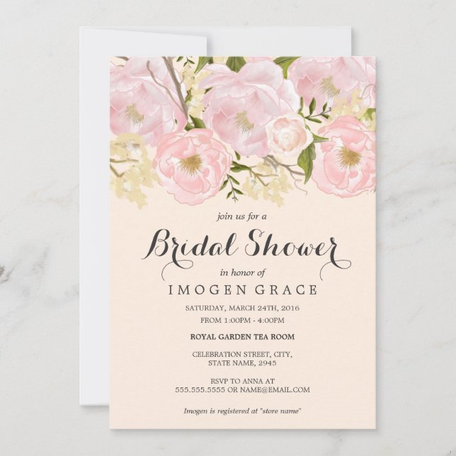 Invitación Bonito Rubor Floral Rosa Bridal Shower (Anverso)