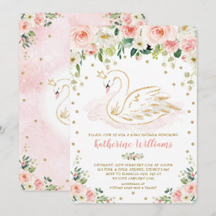 Invitación Bonito Rubor Floral Swan Princesa Chica Baby Showe