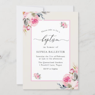 Invitación Bonito Rubor Flores de color de agua rosada Bautis