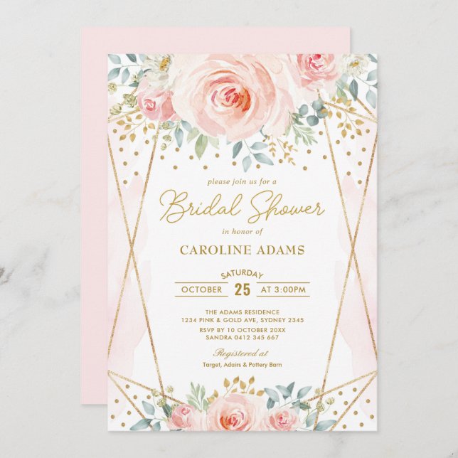 Invitación Bonito Rubor Gold Floral Geométrica Bridal Shower (Anverso / Reverso)