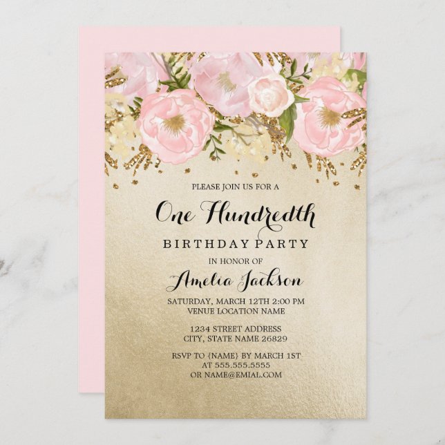 Invitación Bonito Rubor Gold Pink Floral 100 cumpleaños (Anverso / Reverso)
