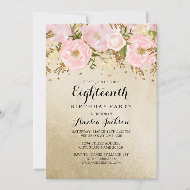 Invitación Bonito Rubor Gold Pink Floral 18 cumpleaños (Anverso)