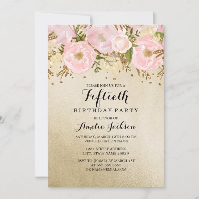 Invitación Bonito Rubor Gold Pink Floral 50 cumpleaños (Anverso)