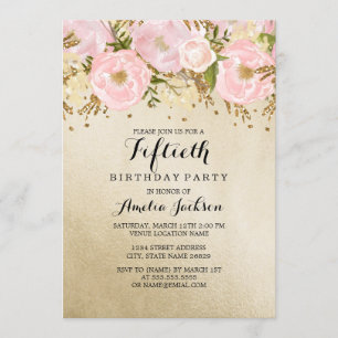 Invitación Bonito Rubor Gold Pink Floral 50 cumpleaños