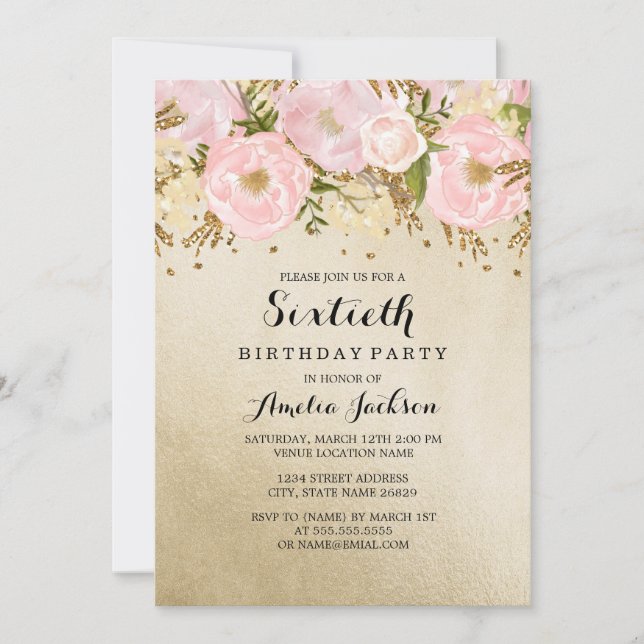 Invitación Bonito Rubor Gold Pink Floral 60 cumpleaños (Anverso)