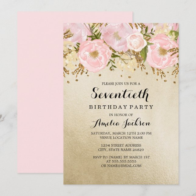 Invitación Bonito Rubor Gold Pink Floral 70 cumpleaños (Anverso / Reverso)