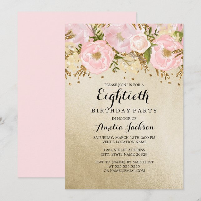 Invitación Bonito Rubor Gold Pink Floral 80 cumpleaños (Anverso / Reverso)