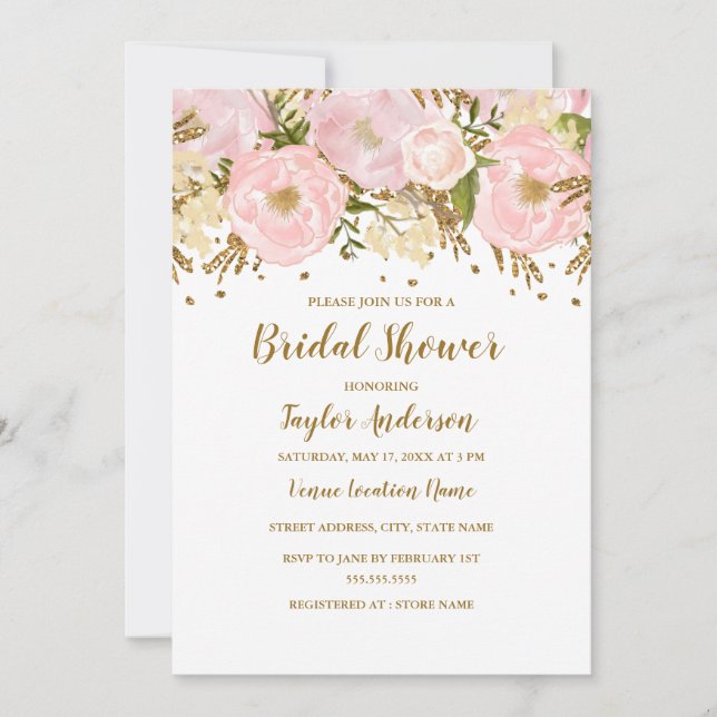 Invitación Bonito Rubor Oro rosa Floral Birder Shower (Anverso)