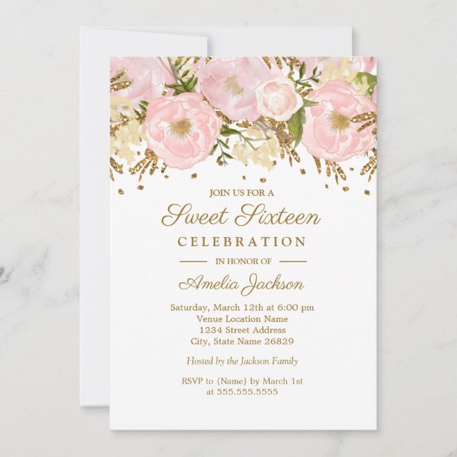 Invitación Bonito Rubor Oro Rosa Floral Dulce Dieciséis (Anverso)