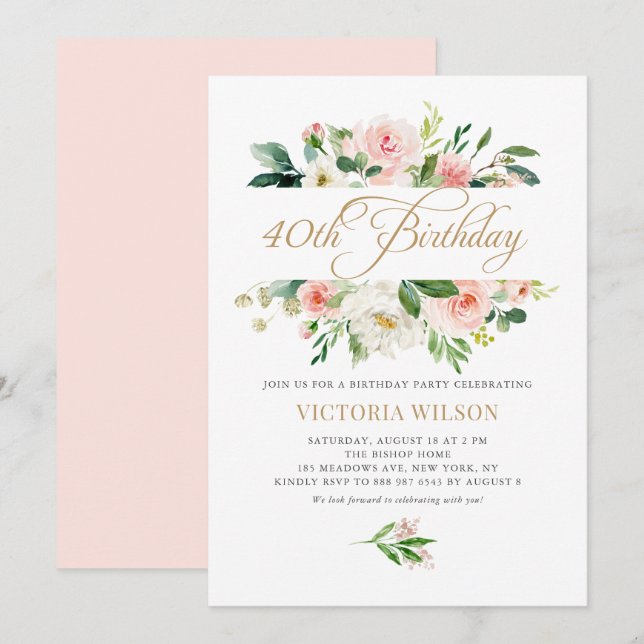 Invitación Bonito Rubor Peony Floral Frame 40 cumpleaños (Anverso / Reverso)