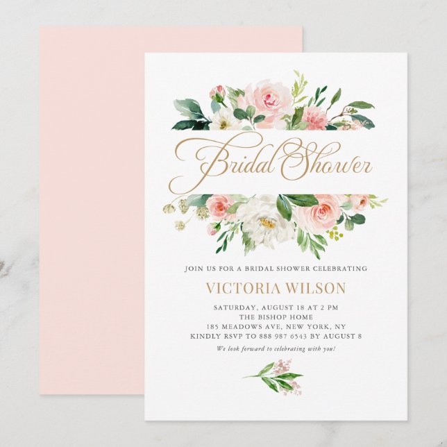 Invitación Bonito Rubor Peony Floral Frame Bridal Shower (Anverso / Reverso)
