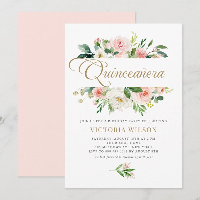 Invitación Bonito Rubor Peony Floral Frame Quinceañera (Anverso / Reverso)