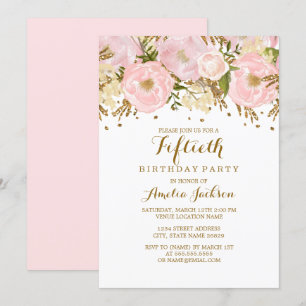 Invitación Bonito Rubor Pink Gold Floral 50 cumpleaños