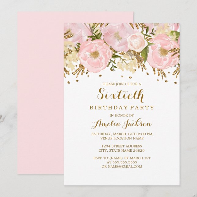 Invitación Bonito Rubor Pink Gold Floral 60 cumpleaños (Anverso / Reverso)