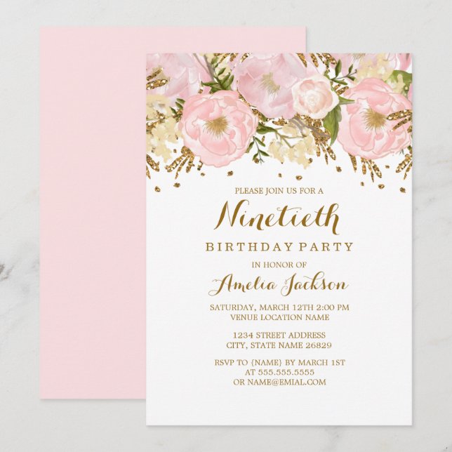 Invitación Bonito Rubor Pink Gold Floral 90 cumpleaños (Anverso / Reverso)