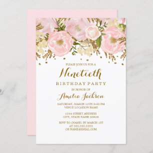 Invitación Bonito Rubor Pink Gold Floral 90 cumpleaños