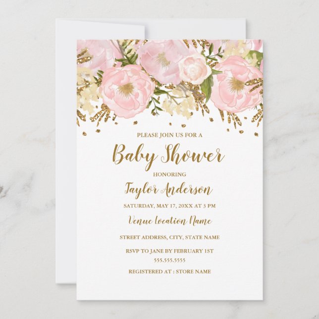 Invitación Bonito Rubor Pink Gold Floral Baby Shower (Anverso)