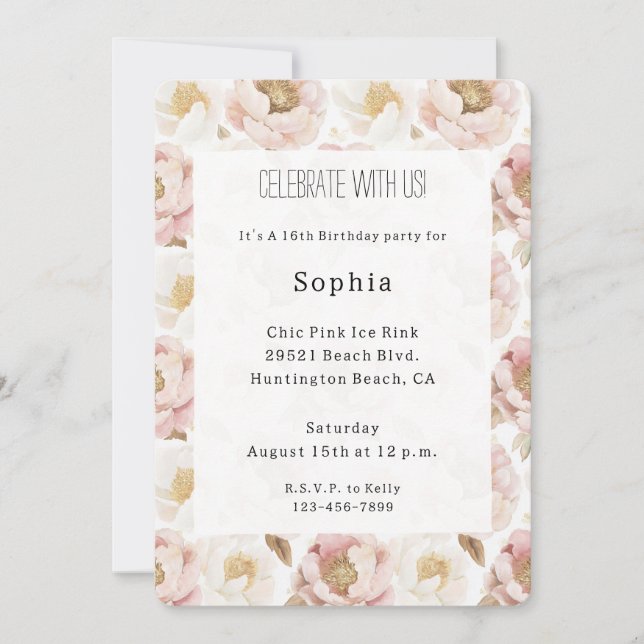 Invitación Bonito Rubor Pink Gold Floral Cumpleaños (Anverso)