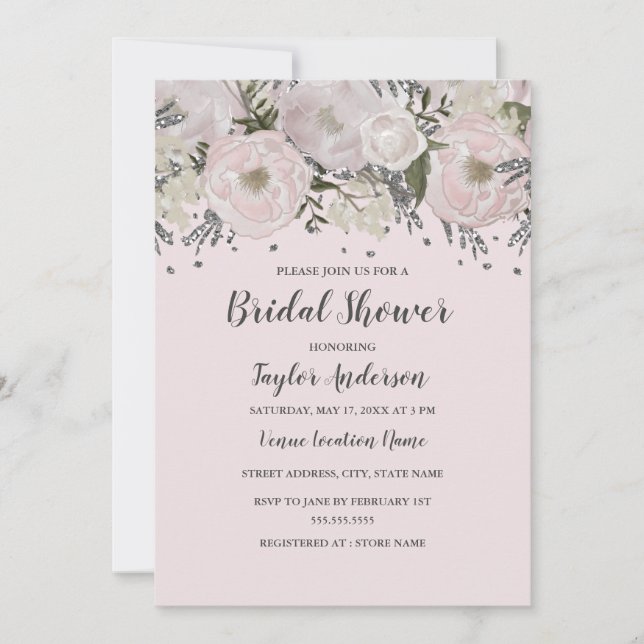 Invitación Bonito Rubor Pink Silver Floral Birder Shower (Anverso)